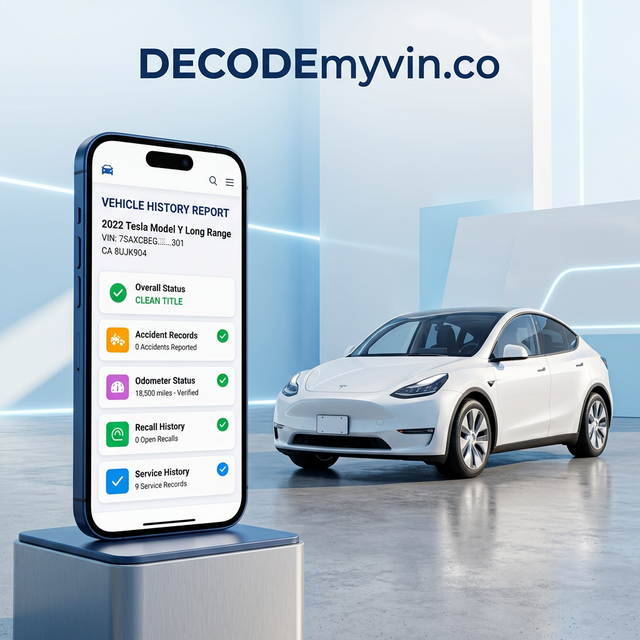 DECODEmyvin.co — Vehicle History Report on a smartphone next to a white car